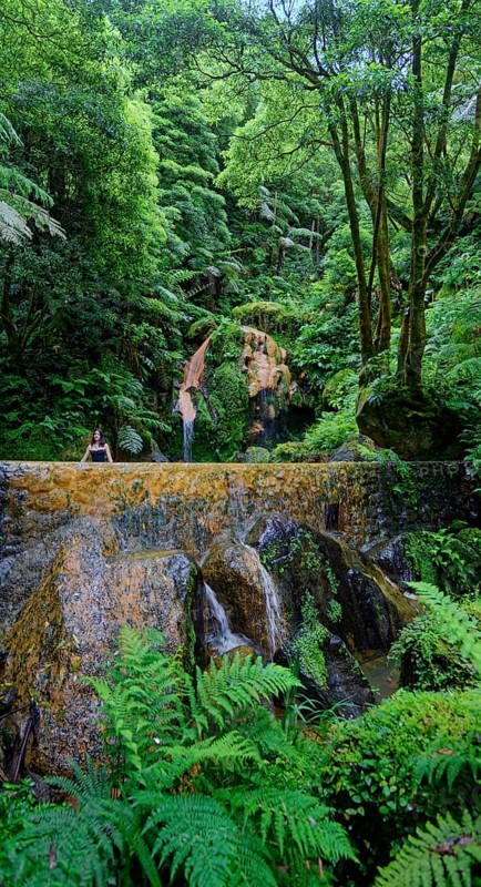 Thermal spring with waterfall, surrounded by lush vegetation and ferns, Caldeira Velha, Gramas, Caldeiras, Sao Miguel, Azores, Portugal, Europe