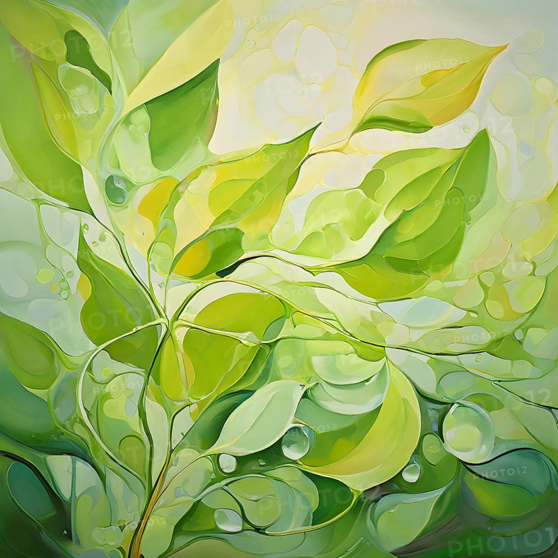 Abstract digital painting embodying sustainability with intertwining leaves glisten with water droplets, AI generated