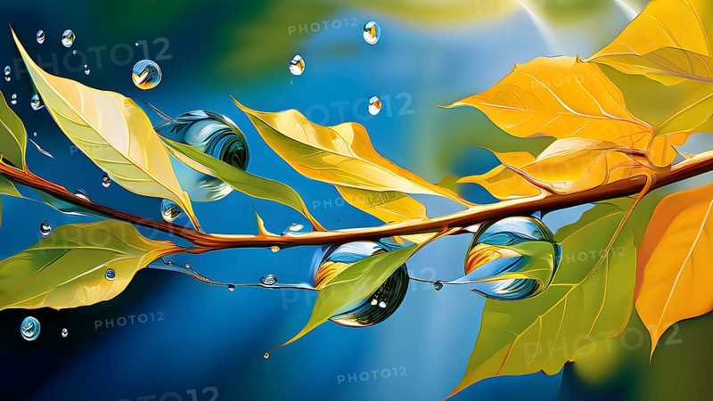 Abstract digital painting embodying sustainability with intertwining leaves glisten with water droplets, AI generated