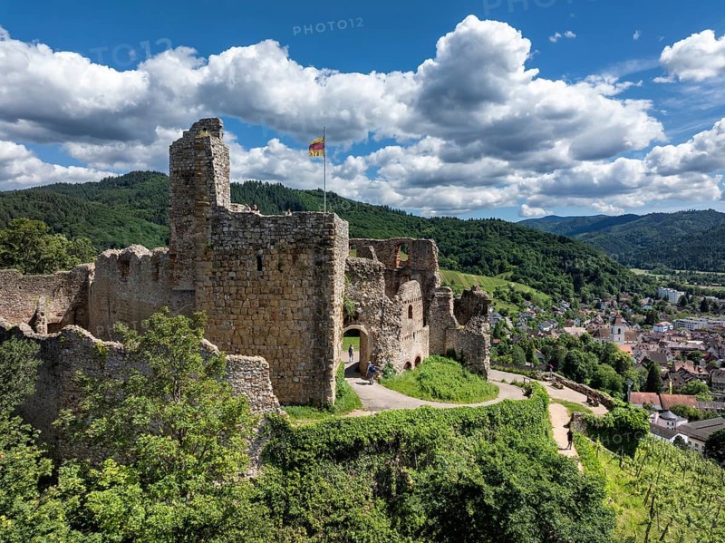 Aerial view of Staufen Castle, on a vineyard, Schlossberg, Staufen im Breisgau, Markgraeflerland, Black Forest, Baden-Wuerttemberg, Germany, Europe