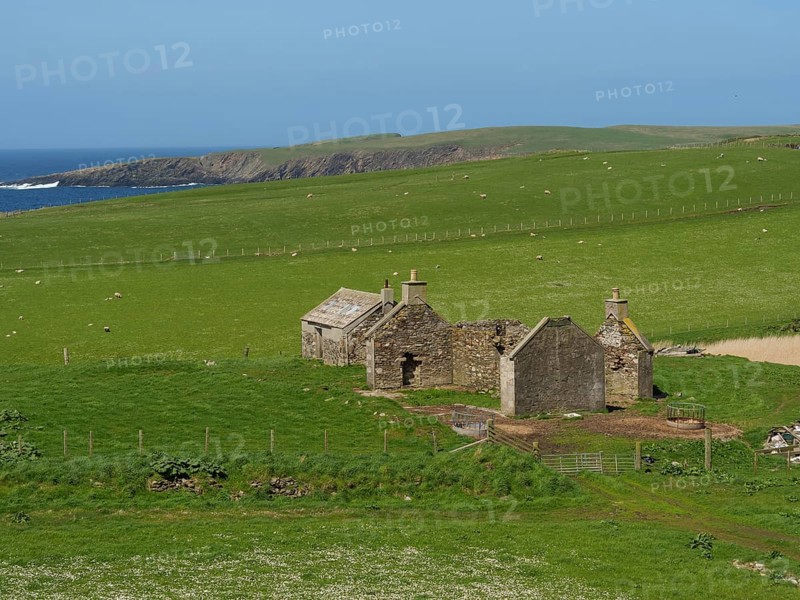 An old stone building stands alone in a green field under a clear blue sky, Green meadows by the sea with stony shores and ruins, Lerwick, shetland