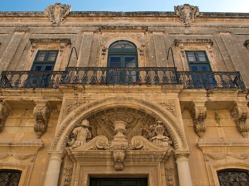Historic building with ornate balcony and magnificent stucco ornaments, the town of mdina on the island of malta with historic houses, colourful balconies, magnificent churches, mdina, Malta, Europe