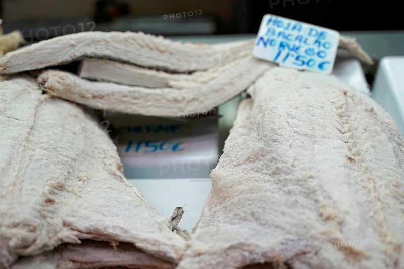 Market hall, Mercado de Nuestra Senora de Africa, Santa Cruz de Tenerife, Tenerife, Canary Islands, Spain, Europe, Dried fish on a market stall with price tags, Europe