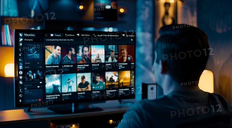 Digital streaming platform with movies and series on large TV screen, AI generated
