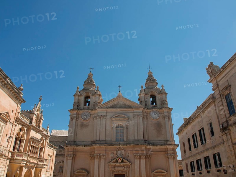 Historic buildings with a large church in the centre and two bell towers, the town of mdina on the island of malta with historic houses, colourful balconies, magnificent churches, mdina, Malta, Europe