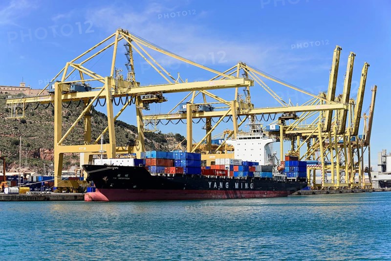 Container port and ships, Barcelona, Spain, Europe, Large cranes and loaded container ship in the harbour area, Catalonia, Europe