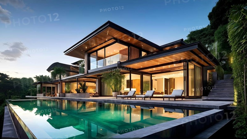 Luxurious wooden house with swimming pool reflecting the opulence of billionaires nestled in sumptuous surrounding, AI generated