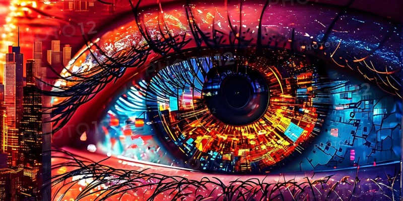 Illustration mosaic collage of an abstract detailed eye morphing into urban cityscape, AI generated