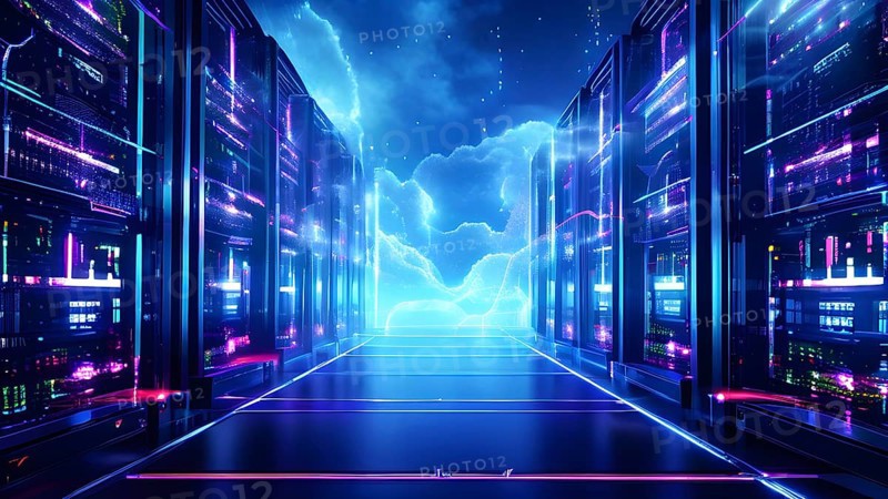 Server racks aligned in rows within a cloud computing data center background and data streams flowing, AI generated