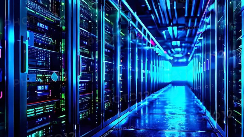 Server racks aligned in rows within a cloud computing data center background and data streams flowing, AI generated