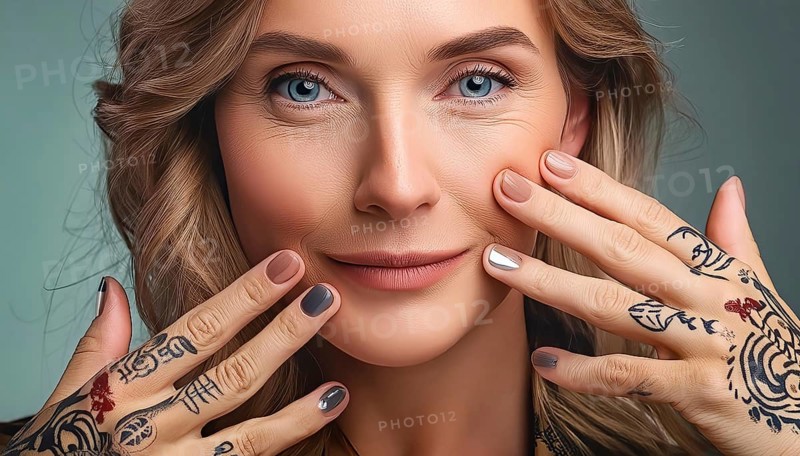 Blonde woman with tattoos on her hands and different nail polish colours, smiling gently. Close-up, AI generated, AI generated