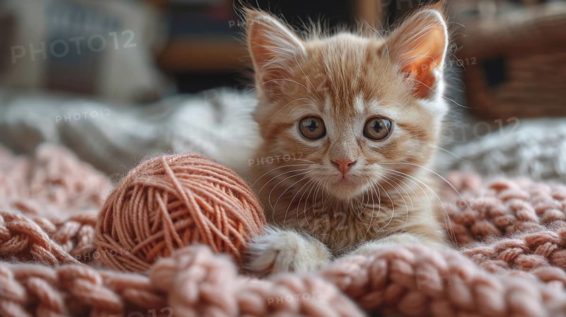 An orange-furred kitten looks curious while playing with a pink yarn ball on a soft blanket, AI Generated, AI generated