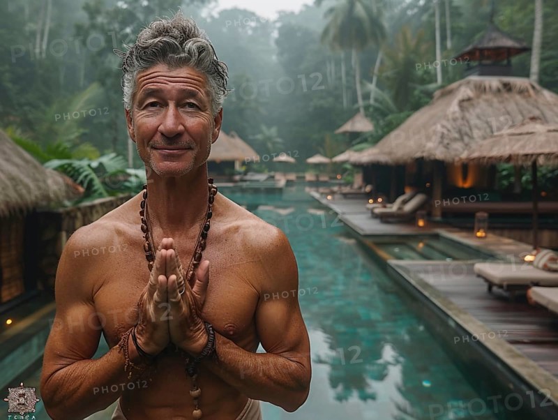 Ein Mann meditiert vor einem tropischen Pool umgeben von Nebel und traditionellen Balihuetten, AI generiert, AI generated