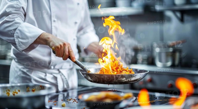 Chef in modern kitchen preparing gourmet meal in upscale restaurant of world cuisine, AI generated