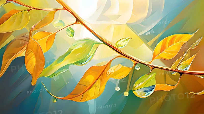 Abstract digital painting embodying sustainability with intertwining leaves glisten with water droplets, AI generated