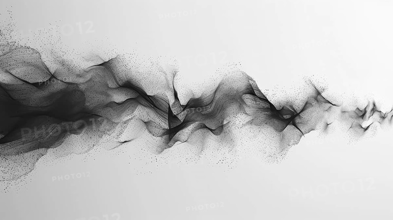 Abstract flowing mesh resembling a sound wave in black with dots on a white background, AI generated