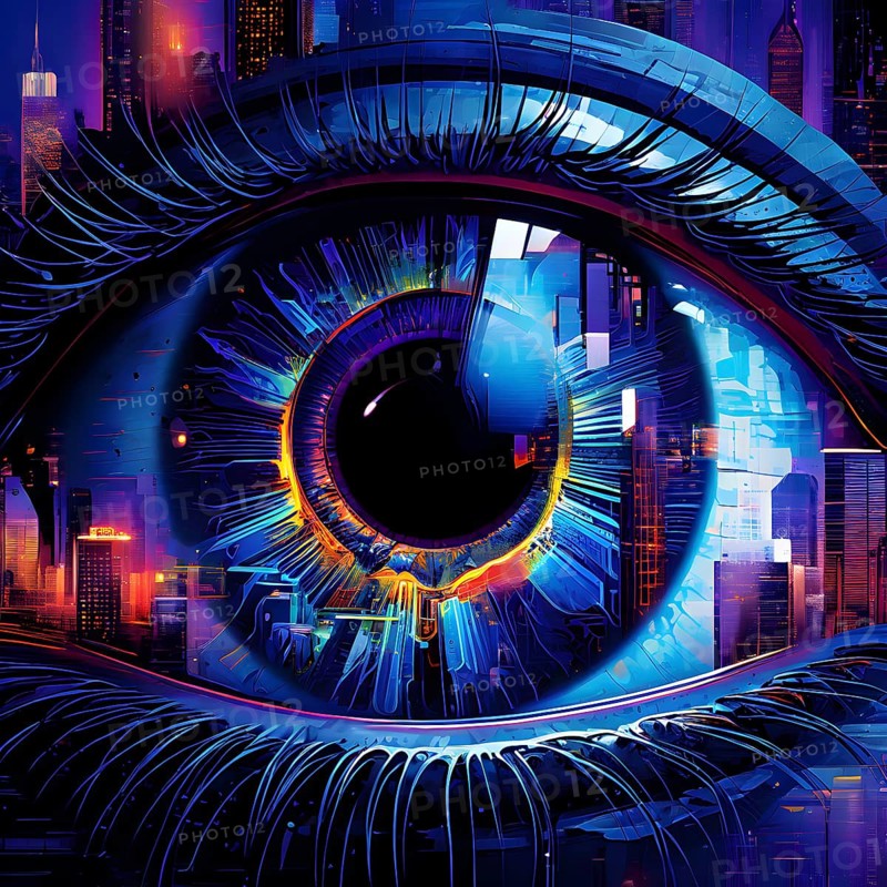 Illustration mosaic collage of an abstract detailed eye morphing into urban cityscape, AI generated