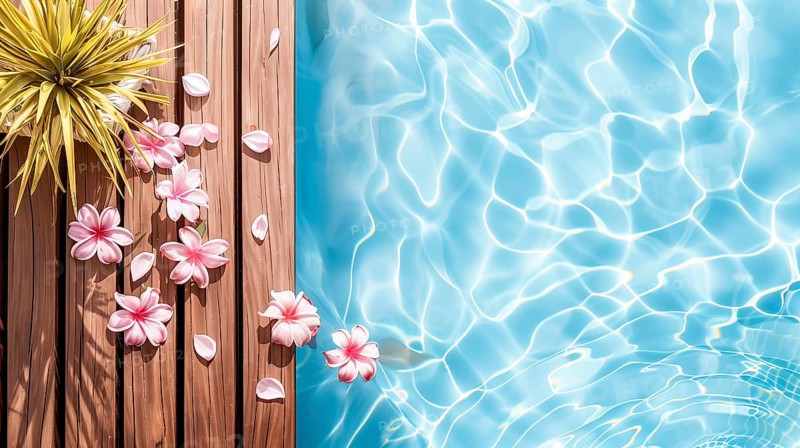 A wooden deck with pink Plumeria flowers by a pool. Summer Concept, IA generated, AI generated