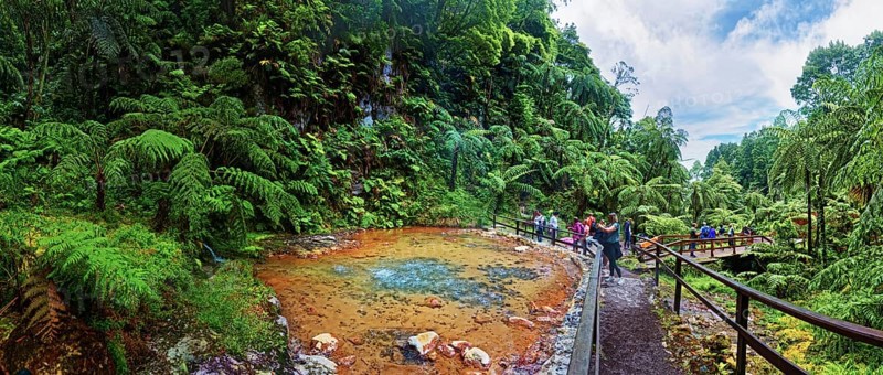 Hiking trail with hot natural thermal spring in Caldeira Velha in a lush green environment with ferns, Caldeira Velha, Gramas, Caldeiras, Sao Miguel, Azores, Portugal, Europe