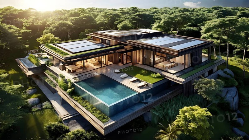 Luxurious wooden house with swimming pool reflecting the opulence of billionaires nestled in sumptuous surrounding, AI generated