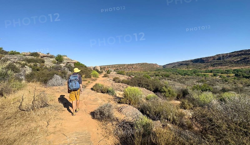 Hikers on the Seville Art Rock Trail, dry landscape with rock formations, Cederberg Mountains, near Clanwilliam, Western Cape, South Africa, Africa