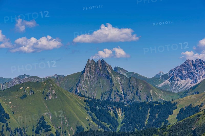 Panorama from Wildengundkopf, 2238m to Hoefats 2259m, Allgaeu Alps, Allgaeu, Bavaria, Germany, Europe