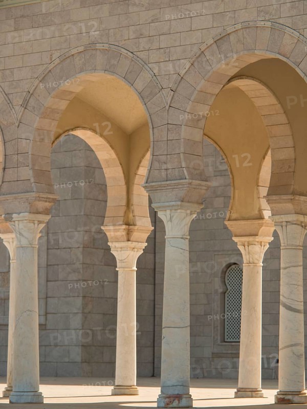 Beautifully curved sandstone arcades with finely carved columns, Tunis in Africa with ruins from Roman times, modern mosques and blue and white houses in sidi-bou-said, Tunis, Tunisia, Africa