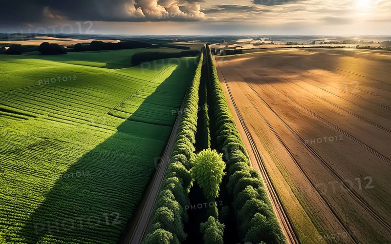 Field hedges from above, between the fields serve as biotope and protection against soil erosion, environmental protection, climate change, AI generated, AI generated