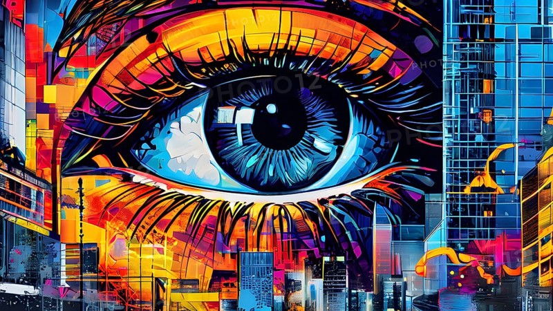Illustration mosaic collage of an abstract detailed eye morphing into urban cityscape, AI generated