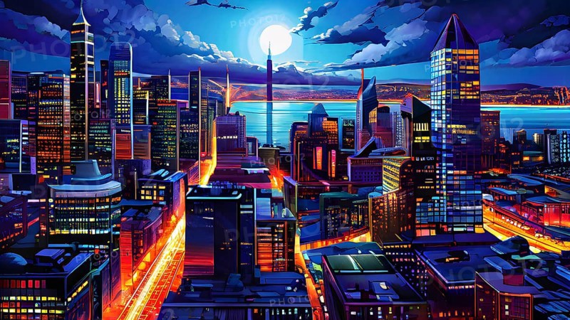 Urban cityscape collage featuring a mosaic of vibrant colors, AI generated