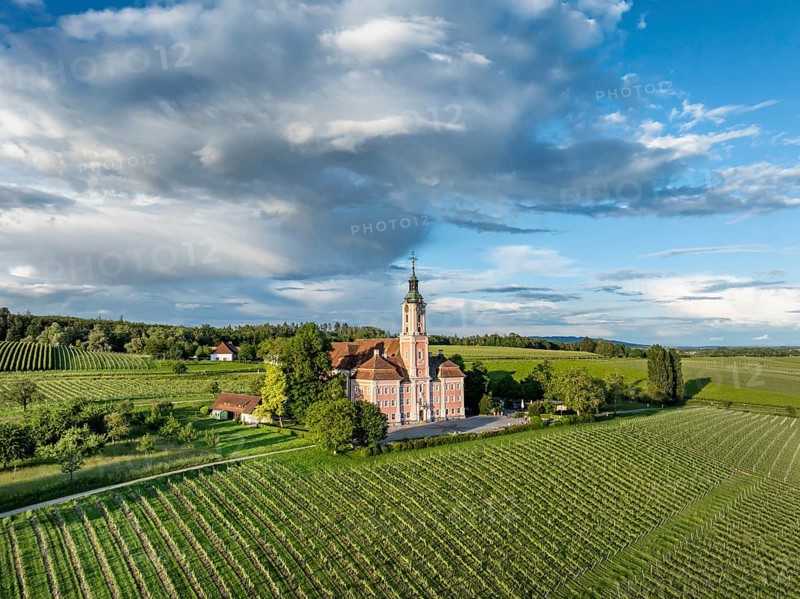 Aerial view of the pilgrimage church Birnau on Lake Constance, Uhldingen-Muehlhofen, Lake Constance district, Baden-Wuerttemberg, Germany, Europe
