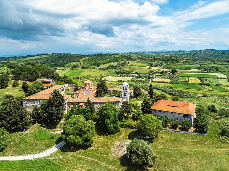 Apollonia Archaeological Park from a drone, Pojan, Albania, Europe