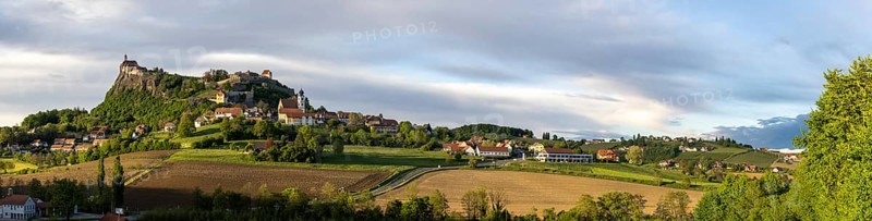 Farmland, Riegersburg Castle in the background, panoramic view, near Riegersburg, Styria, Austria, Europe