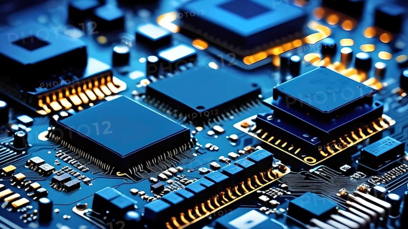 Close-up of a printed circuit board with microchip processor CPU, various electronic components and connections, symbol image data transmission, technology, computer, hardware and industry, AI generated, AI generated