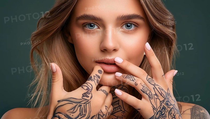 Young girl with tattoos on her hands and fingers, holding her hands to her face. The background is green, AI generated, AI generated