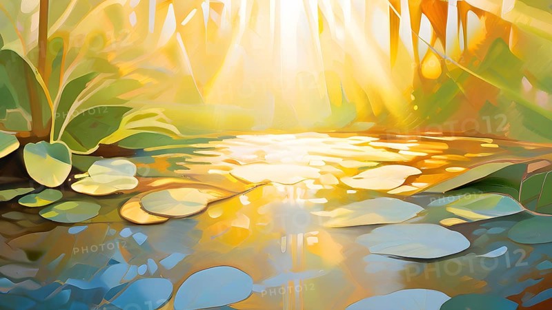 Abstract digital painting embodying sustainability with intertwining leaves glisten with water droplets, AI generated