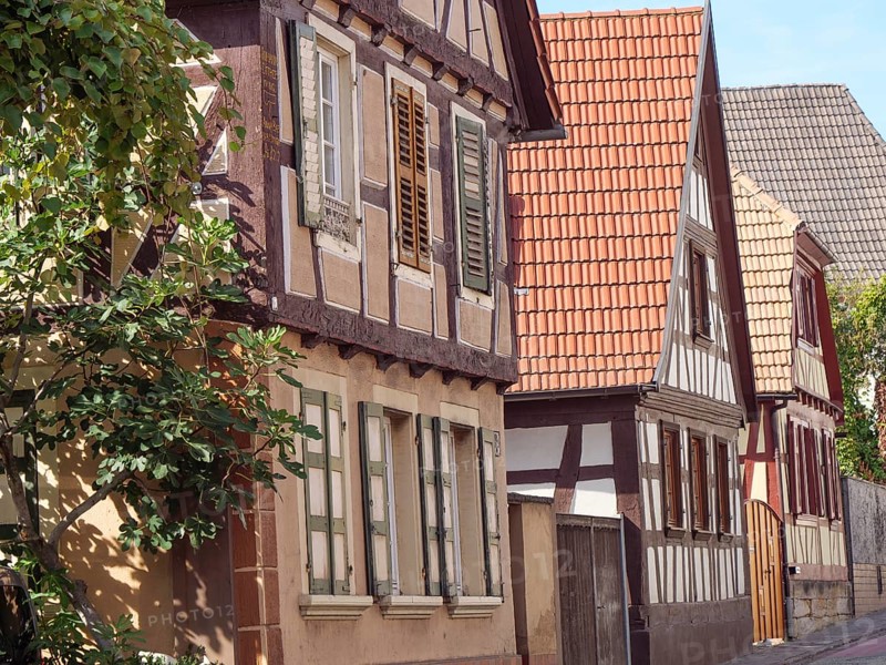 Row of traditional half-timbered houses along a narrow alley on a sunny day, historic half-timbered houses in the Palatinate, kandel, Germany, Europe