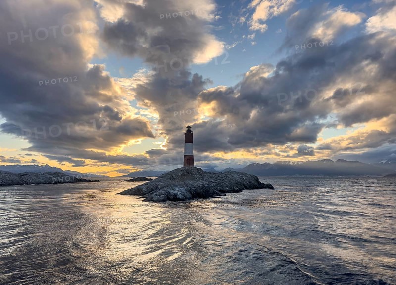 Lighthouse Faro Les Eclaireurs at sunset, dramatic clouds, Beagle Channel, Tierra del Fuego, Tierra del Fuego, Argentina, South America