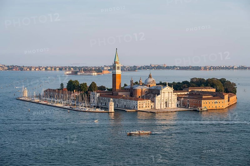 Isola di San Giorgio Maggiore with San Giorgio Maggiore church in the evening light, view of Venice from the Campanile di San Marco bell tower, Venice, Veneto, Italy, Europe