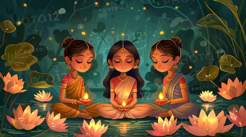 Three women meditating with oil lamps in a peaceful lotus-filled nighttime setting, AI generated