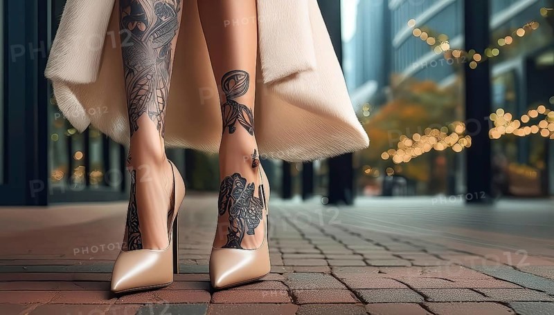 Woman shows leg tattoos and wears bright high heels on a modern city backdrop with lights, AI generated, AI generated