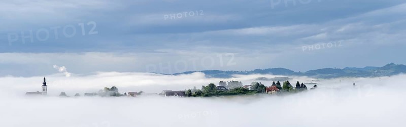 Church rises out of the morning mist, Frauenberg pilgrimage church, panoramic view, near Leibnitz, Styria, Austria, Europe