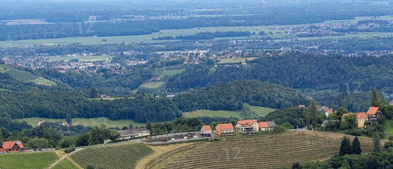 Hilly landscape, vineyards, panoramic view, view from the Demmerkogel lookout point, St. Andrae-Hoech, Sausal wine country, Styria, Austria, Europe