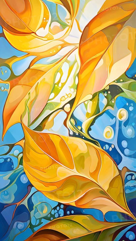 Abstract digital painting embodying sustainability with intertwining leaves glisten with water droplets, AI generated