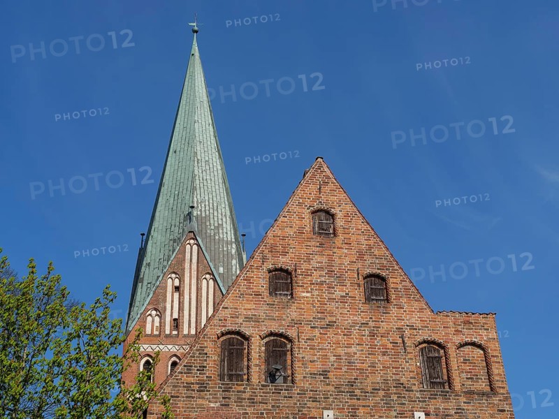 Church tower and gable of a brick gothic church with trees and blue sky in the background, red brick church in North German style in front of blue sky with imposing tower, Lueneburg, Germany, Europe