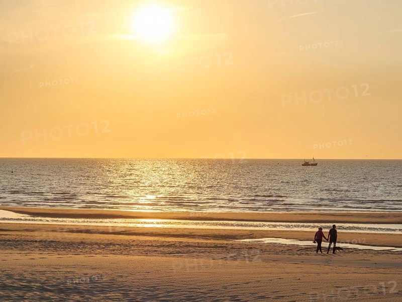 A family walks on the beach during a warm sunset, the sea is calm, sunset on the beach of de haan on the north sea, de han, belgium