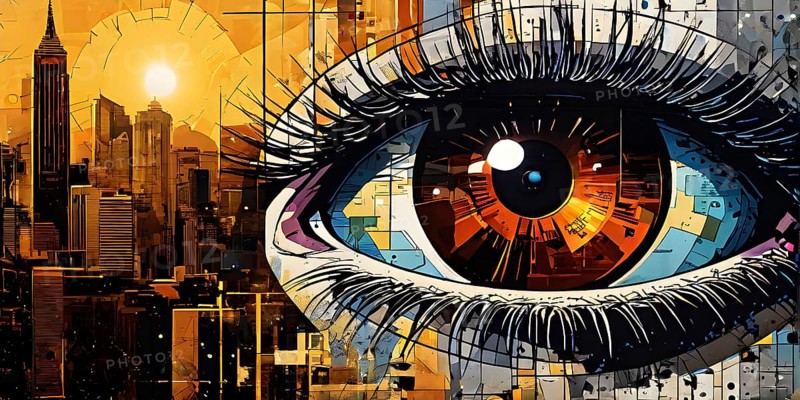 Illustration mosaic collage of an abstract detailed eye morphing into urban cityscape, AI generated