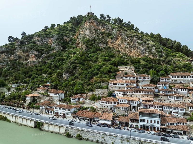 Berat from a drone, Osum River, Albania, Europe