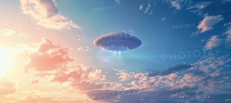 A large, glowing, alien shaped UFO saucer object is flying. UAP, Unexplained Aerial Phenomena, AI generated