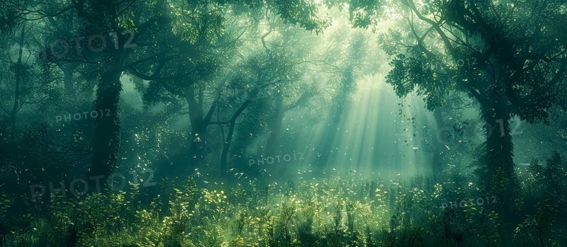 A tranquil and dense forest scene illuminated by soft sunlight that pierces through the thick foliage and undergrowth, AI generated